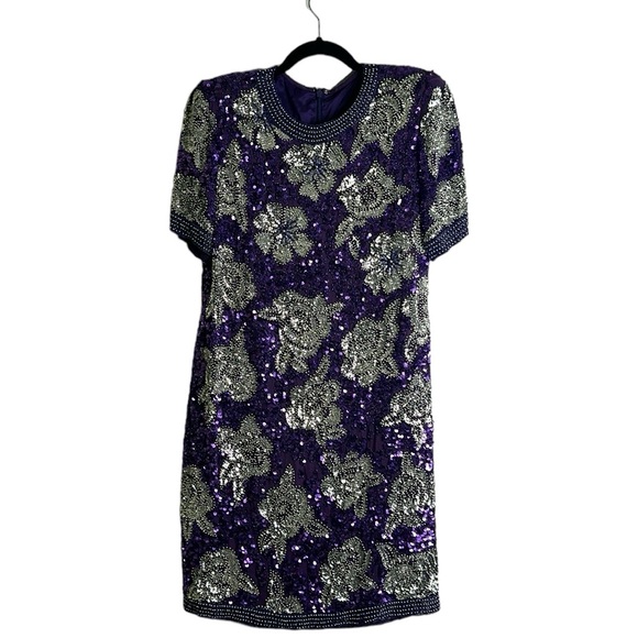 Vantage Joan Leslie slik sequins beaded evening dress size medium purple sliver - Picture 5 of 13